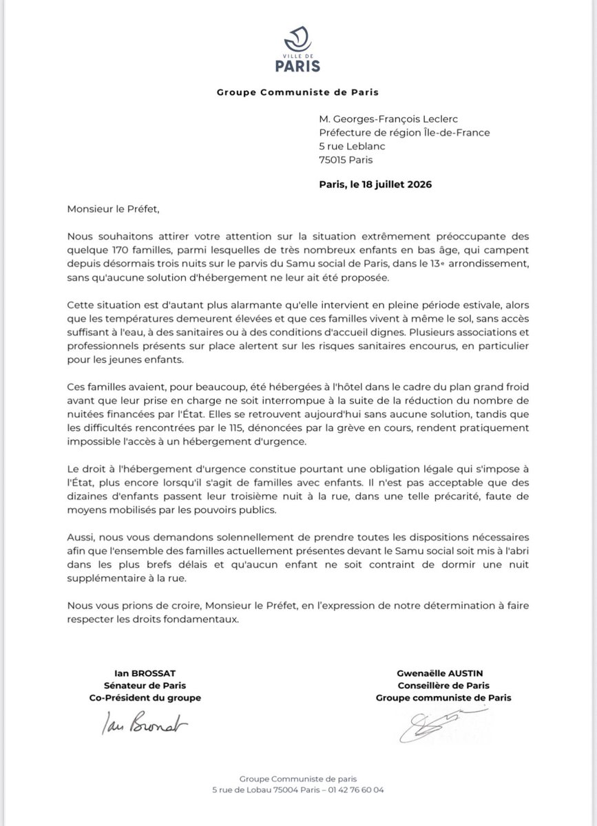 IanBrossat's tweet photo. Il reste que la solidarité ne remplace pas l’action publique. 

Avec ma collègue Gwenaëlle Austin, conseillère de Paris, nous avons adressé un courrier au Préfet de la Région Île-de-France afin que des places d’hébergement soient ouvertes. 

Aucun enfant ne doit dormir dehors. https://t.co/EYAWOqqb4y