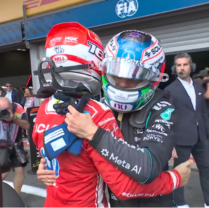 leclercsletters's tweet photo. charles and kimi hugging after the race https://t.co/CAL7elyWGB