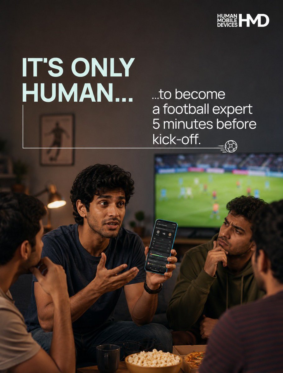 HMDdevicesIN's tweet photo. The whistle hasn't blown yet, but the analysis has already begun. ⚽🤓
We all know someone who turns into a football expert five minutes before kick-off. And honestly...
It's Only Human.
#HMD #HMDIndia #ItsOnlyHuman #FootballFans #RelatableMoments
(HMD India, football fans, football expert, match day banter, football conversations, sports fans, relatable moments, everyday humour, football season, game day, human moments, social media content)
