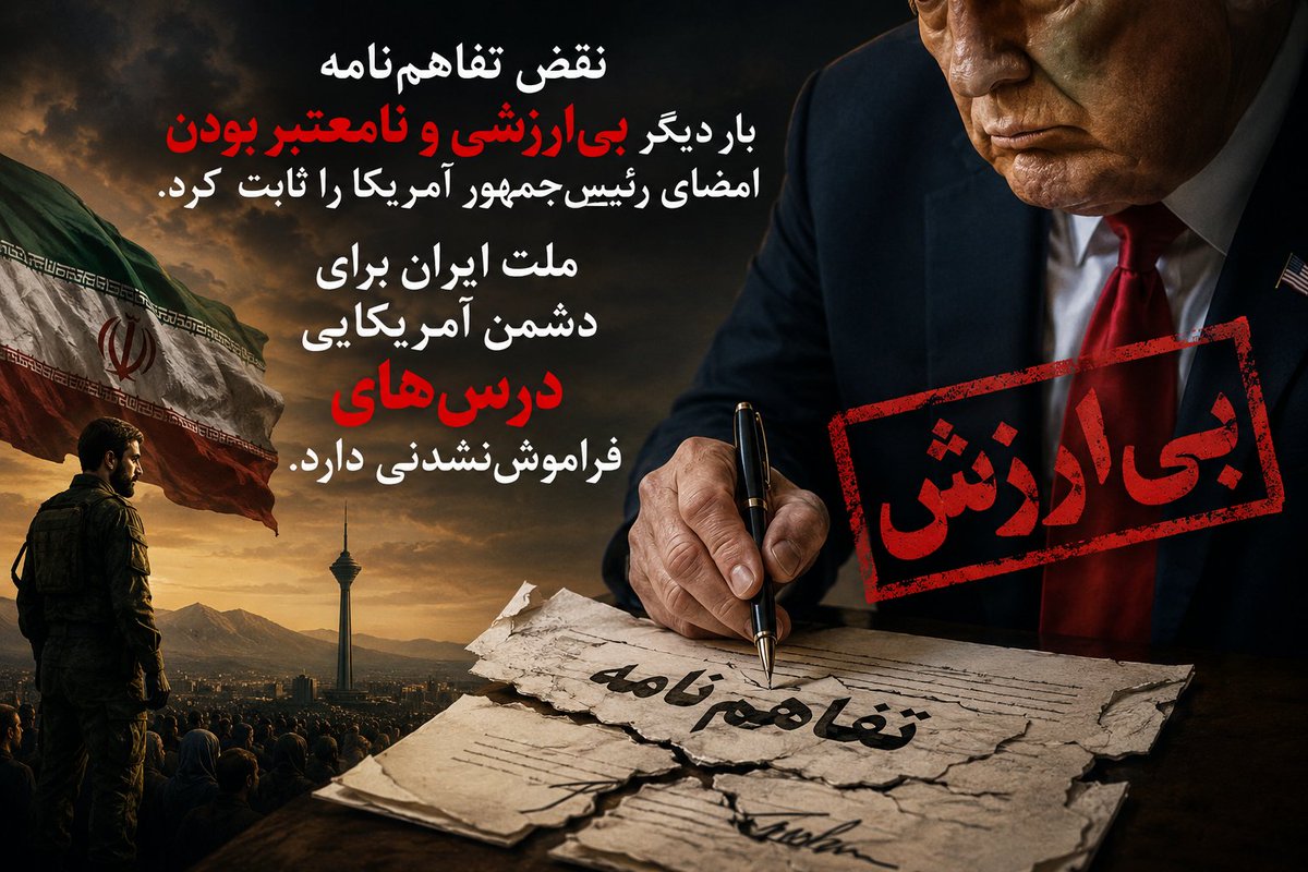 zahrazahediyan's tweet photo. The violation of the memorandum once again proved the worthlessness and unreliability of the U.S. President's signature. The Iranian nation has unforgettable lessons in store for its American adversary.

#لبیک_یا_خامنه_ای https://t.co/Nw7dvTzRdk