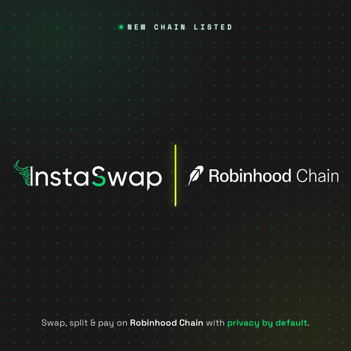 InstaSwap_io's tweet photo. Robinhood Chain has landed on InstaSwap. ⚡

Swap, split &amp; pay, private by default.

Find it at 👉 https://t.co/FEhB0CK0gG

@RobinhoodCrypto $robinhood https://t.co/PUrIFpNWuT