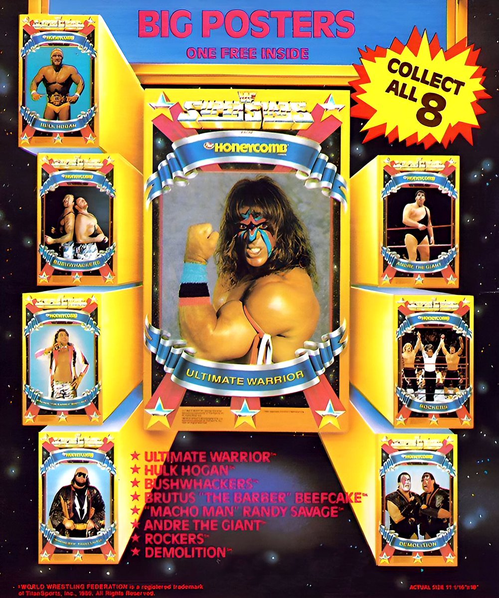 WWFWrestling1's tweet photo. Honey-Comb cereal WWF Superstars poster advert from 1989. Collect all 8 pin-ups! 🥣 #WWF #WWE #Wrestling #WWFSuperstars https://t.co/QC1blqz6eB