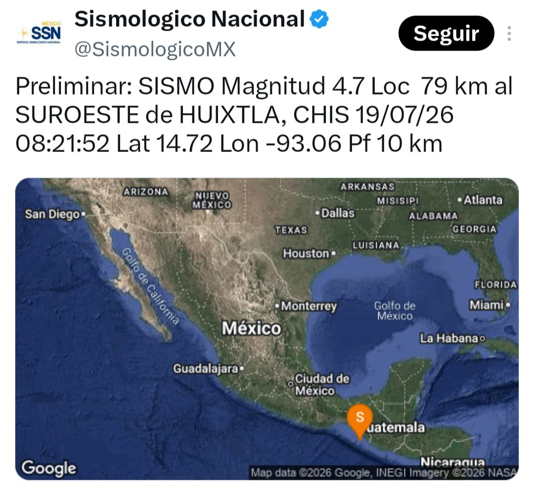 ContraProMx's tweet photo. 🫨🫨🫨 Continúan los #sismos en #Chiapas, a las 08:21 horas se registro el más reciente de 4.7 grados con epicentro en #Huixtla, Chiapas. Según el sismologico nacional, hasta las 20 HRS del sábado se ha presentado 381 #réplicas del sismo de 7.4 del viernes https://t.co/7nAV0tBANM