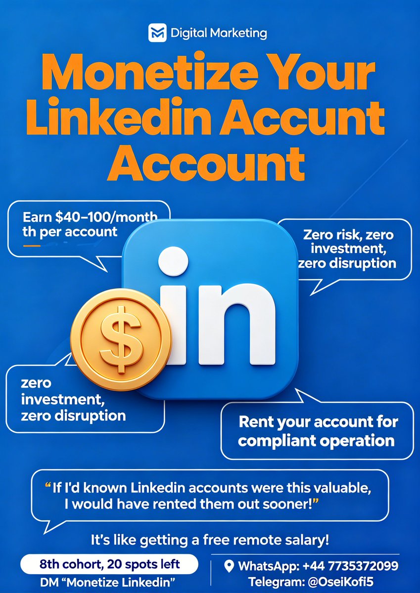 Limex001's tweet photo. If you don't want your LinkedIn account sitting idle, look here 💰
A stable side hustle accepting long-term orders; earn a steady $40–$80 per month.
The better your account status, the higher the rental fee 🥰
📱 WhatsApp: +33608324465
🌐 https://t.co/nJxwbVmutO 👈🏼 https://t.co/vXr6s8UpbC