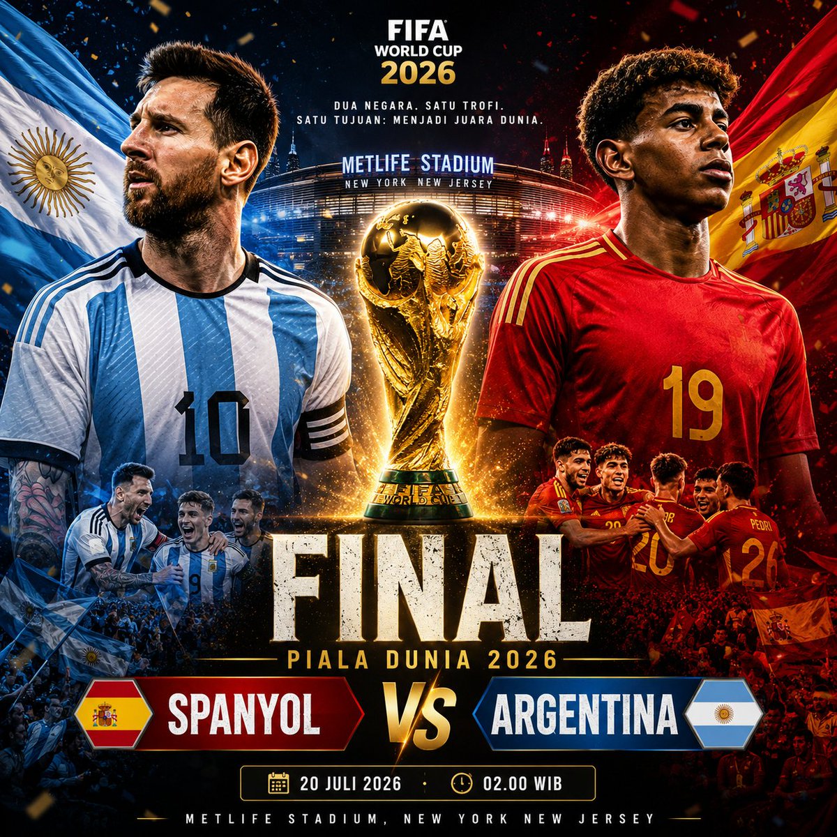 suasanapersib's tweet photo. 🏆 FINAL PIALA DUNIA 2026

Tinggal hitungan jam, dunia akan menyaksikan duel dua filosofi sepak bola.

🇪🇸 Spanyol datang dengan permainan kolektif, penguasaan bola, dan intensitas tinggi.

🇦🇷 Argentina mengandalkan mental juara, pengalaman di laga besar, serta kualitas individu yang mampu mengubah jalannya pertandingan dalam sekejap.

Final seperti ini sering ditentukan oleh satu momen kecil: kesalahan, pergantian pemain, atau aksi individu.
Menurut kalian, faktor apa yang akan paling menentukan hasil final malam ini?

💬 Taktik pelatih? 
⭐ Pemain bintang? 
🧠 Mental juara? 
⚡ Atau efektivitas memanfaatkan peluang?