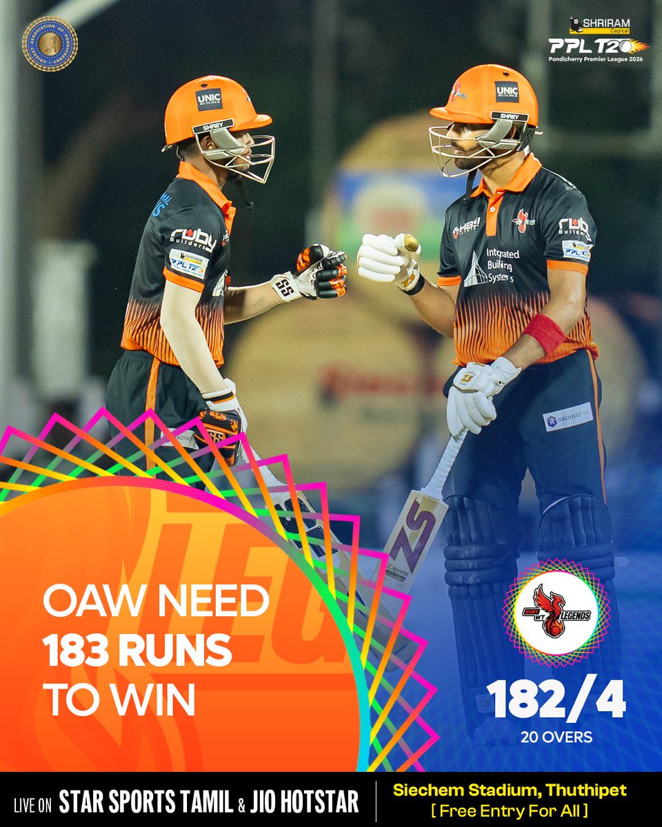 PPLT20_Cricket's tweet photo. The Legends have posted a competitive total. Can the Warriors chase it down? ⚡
🗓️ July 7 – 26, 2026
📍 Siechem Stadium, Thuthipet (Free Entry)
📺 Live on Star Sports 1 Tamil
📱 Streaming on Jio Hotstar
#PPL #PPL2026 #PondicherryPremierLeague #PondicherryCricket https://t.co/AHEkggbG51
