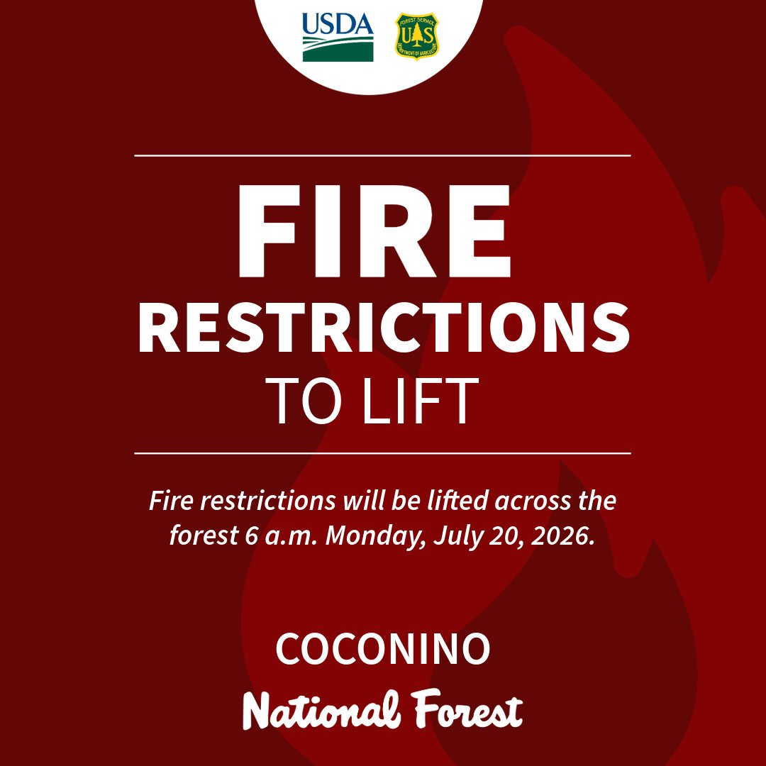 CoconinoNF's tweet photo. Due to recent widespread precipitation, fire restrictions will be lifted across the Coconino National Forest at 6 a.m. tomorrow.

More information: https://t.co/PzzQPs0sPA https://t.co/KIEhyNH89H