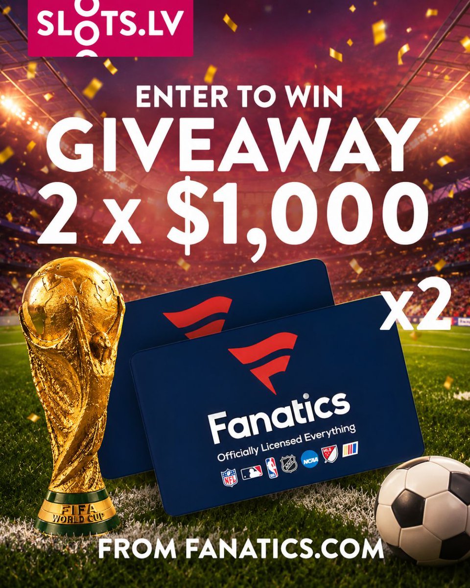 slotslv's tweet photo. 🎉 $2,000 FANATICS VOUCHER GIVEAWAY 🎉

🇪🇸 Spain vs Argentina 🇦🇷 in the Final 🏆

To celebrate this momentous occasion we are giving away x2 $1,000 Fanatics e-vouchers, exclusively on X! 🙌

To enter:

*♥️ this post 
*Retweet 
*Tag two friends 
*Tell us who you think is going to take the trophy back home? 🏆

T&Cs:

- Link to T&Cs Page: https://t.co/EUsrRrfjpo
- Giveaway ends 07/22/2026. Two winners of x1 $1,000 Fanatics voucher will be chosen on 07/23/2026.
- 🇺🇸 only and must be an existing Slots LV player

#giveaway #giveaways #contest #WorldCup