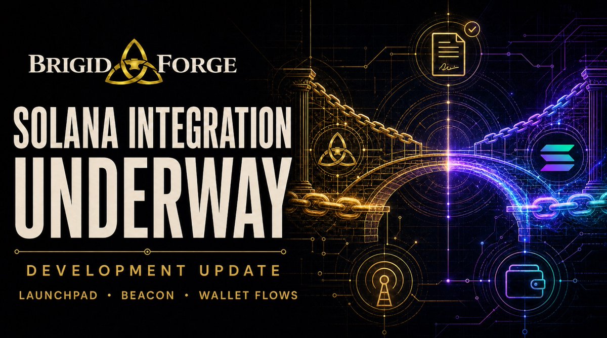 BrigidForge's tweet photo. Solana integration is underway at Brigid Forge.

We’re building every piece methodically to make sure the mission of transparent crypto launches and developer team accountability continues:

• Signed launch sessions
• Wallet flows
• Beacon indexing
• Chain-aware notifications

BNB Smart Chain remains our foundation while we build  the Solana path.

We’ll share the next concrete milestone when it’s ready.

What would you want to verify first? Follow for the build notes.

#BrigidForge #SolanaCommunity #BNB