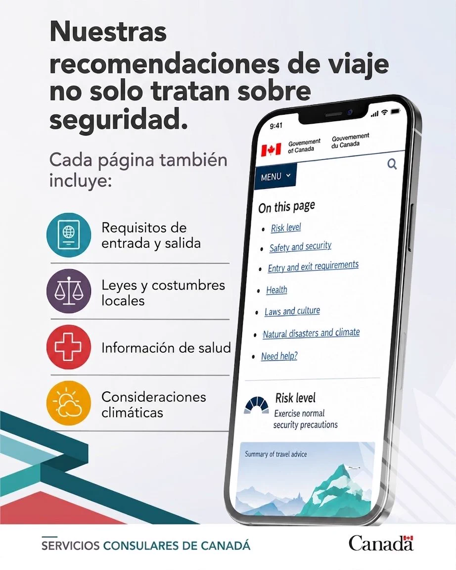 Pantalla de smartphone que muestra la página de recomendaciones de viaje de Canadá con secciones sobre nivel de riesgo, seguridad, salud, leyes y clima.
