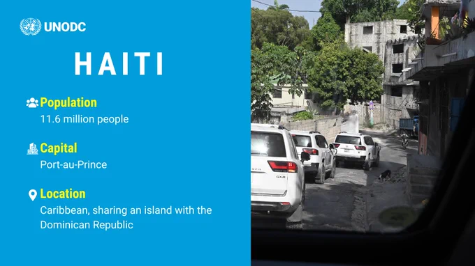 Street view of a busy urban area in Haiti with multiple white vehicles and dense greenery around buildings. Alongside are the following information presented: "Population: 11.6 million people, Capital: Port-au-Prince, Location: Caribbean, sharing an island with the
Dominican Republic"