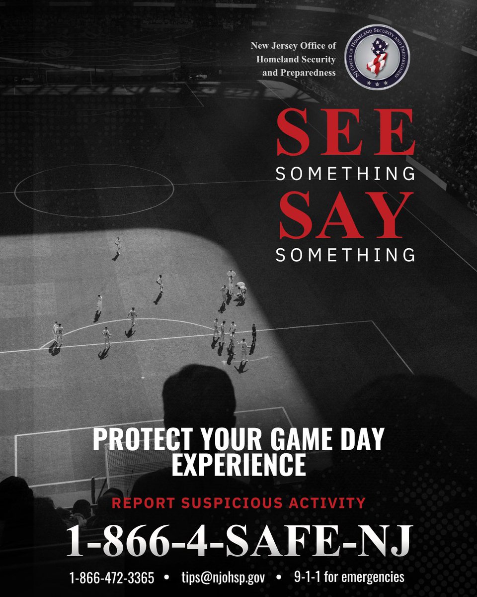 NJOHSP's tweet photo. Are you heading to the @FIFAWorldCup Final or a watch party?

Stay alert in crowded settings. If you notice suspicious activity, report it to local law enforcement or NJOHSP at 1-866-4-SAFE-NJ or tips@njohsp.gov. 

Learn more: https://t.co/DqnDeEwMbw #SeeSayNJ https://t.co/dGj0KodDQC