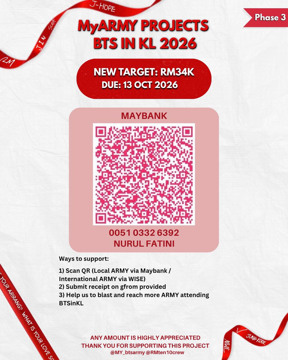 RMten10crew's tweet photo. 💜 MyARMY Projects Daily Fund Update (19/7/2026, 11PM)

Current:
RM17,652.87 / RM34,000

One step closer to making this project happen! 🥹

Thank you to everyone who’s supported us so far 💜

#BTSinKL #BTS_WORLDTOUR_ARIRANG https://t.co/u61IqbIJar