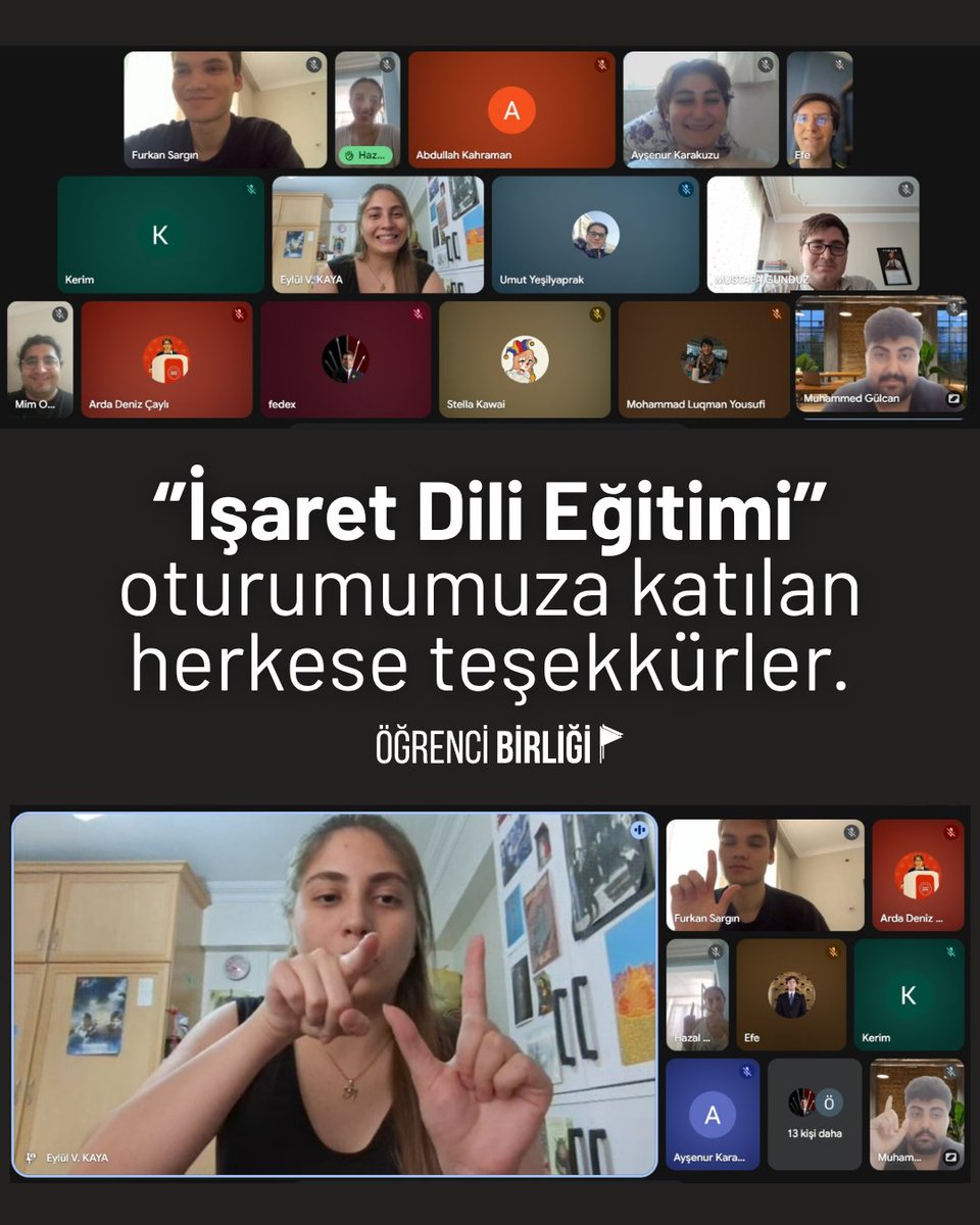 birlikgm's tweet photo. Alternatif Akademi'nin ilk oturumunda Eylül Vildan Kaya ile 'İşaret Dili Eğitimi'nde buluştuk. Tüm katılımcılara teşekkürler. 🙌

Gelecek oturumları kaçırmamak için Öğrenci Birliği'ni takip etmeyi unutmayın! https://t.co/XxSWfS4GZB