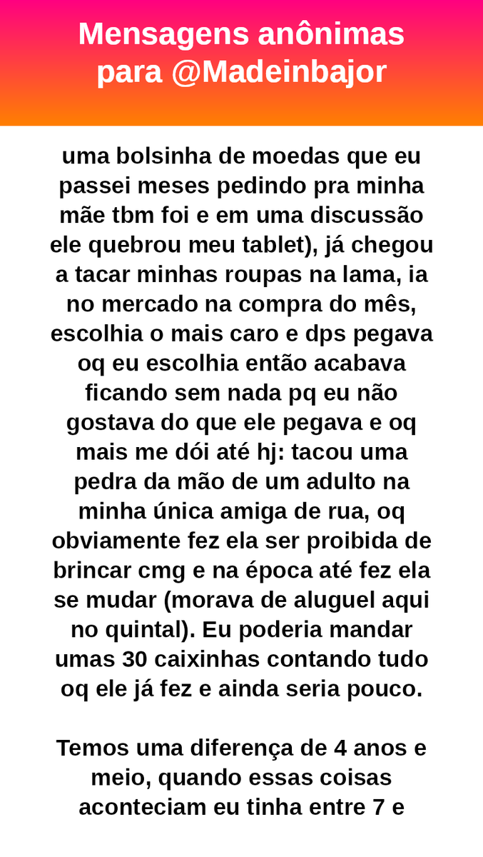 madeinbajor's tweet photo. #bajo43245
#primo
Isso não é “briga de primo”; é violência doméstica disfarçada de “menino arteiro”. Você sobreviveu a anos de agressão, destruição de coisas suas e isolamento, com a família normalizando.
Você tem direito a não ser agredida e a viver sem medo dentro de casa. https://t.co/qtWEgQNkt6