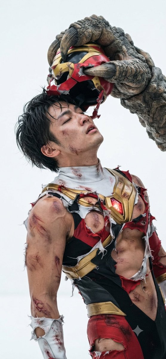 ghero_def's tweet photo. 敵に敗北してマスクを剥がされるシーン😳
#AIhero #AIArt #fallenhero #afterbattle #battledamage #wounded #defeated #herodown #敗北 #ヒーローやられ #gayart #gay https://t.co/ZpF7HWE9rw
