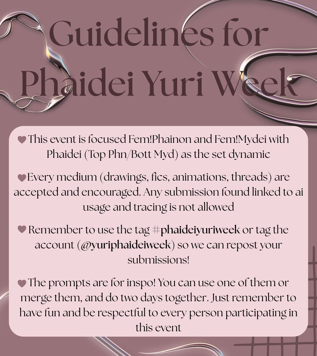 yuriphaideiweek's tweet photo. Alongside the presentation, i present to you some guidelines we have thought so everyone can enjoy their time and share their submissions without issues 💗
#phaideiyuriweek https://t.co/PoBFrMChuM