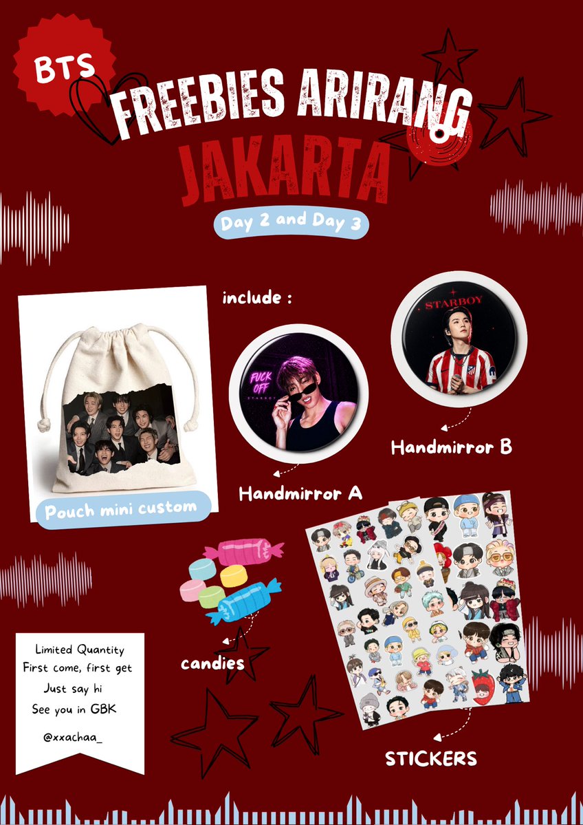 xxachaa_'s tweet photo. Upload ulang 💜
FREEBIES BTS ARIRANG IN JAKARTA
by @xxachaa_ 

📍 Area Gelora Bung Karno Stadium
🗓️ 27 &amp; 29 Desember 

- very limited quantity
- just say "haiii" 💃🏻
- ⁠trades are welcome  
- ⁠likes &amp; rts mean a lot

Bismillah lancar 🍀

#bts
#BTS_ARİRANG
#BTS_WORLDTOUR_ARIRANG https://t.co/BSV21cCpfz