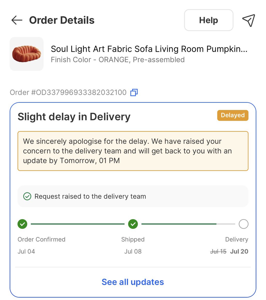 iamarbhati's tweet photo. @flipkartsupport @Flipkart order id OD337996933382032100
This order was suppose to be delivered on 14th July and still everyday it shows another date!! Please get this delivered.
It’s really frustrating to stay home and wait for the order to come. https://t.co/s2T0jCowrf