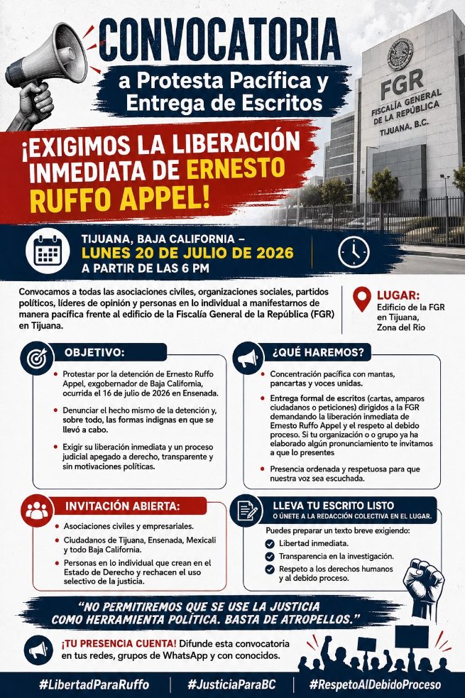 ElMexicanOnline's tweet photo. 📢 Diversos ciudadanos y organizaciones convocaron a una manifestación pacífica para este lunes 20 de julio, a partir de las 6:00 p.m., frente a las oficinas de la Fiscalía General de la República (FGR) en la Zona Río de Tijuana. https://t.co/0ZywUztP74