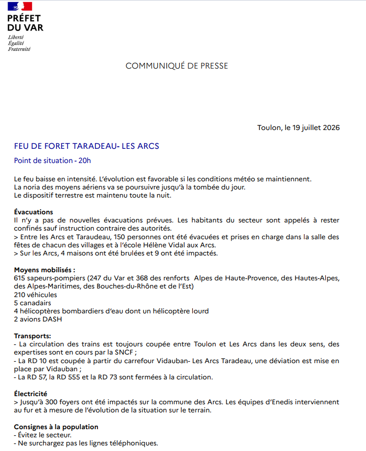 Prefet83's tweet photo. #Feu #Taradeau #LesArcs | Dimanche 19 juillet - 20h00
Le point de situation sur l'#incendie de Taradeau-Les Arcs ⤵️
> Le feu baisse en intensité. L'évolution est favorable si les conditions météo se maintiennent.
> Pas de nouvelles évacuations en cours.
> 615 sapeurs-pompiers sur le terrain.