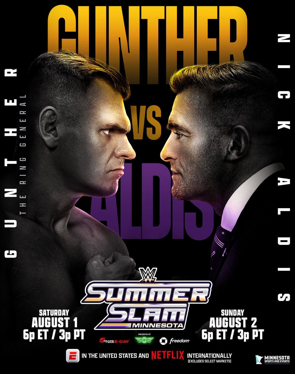 FalseFinishHQ's tweet photo. The official graphic for Gunther vs Nick Aldis at #SummerSlam https://t.co/3SpGsPrcSe