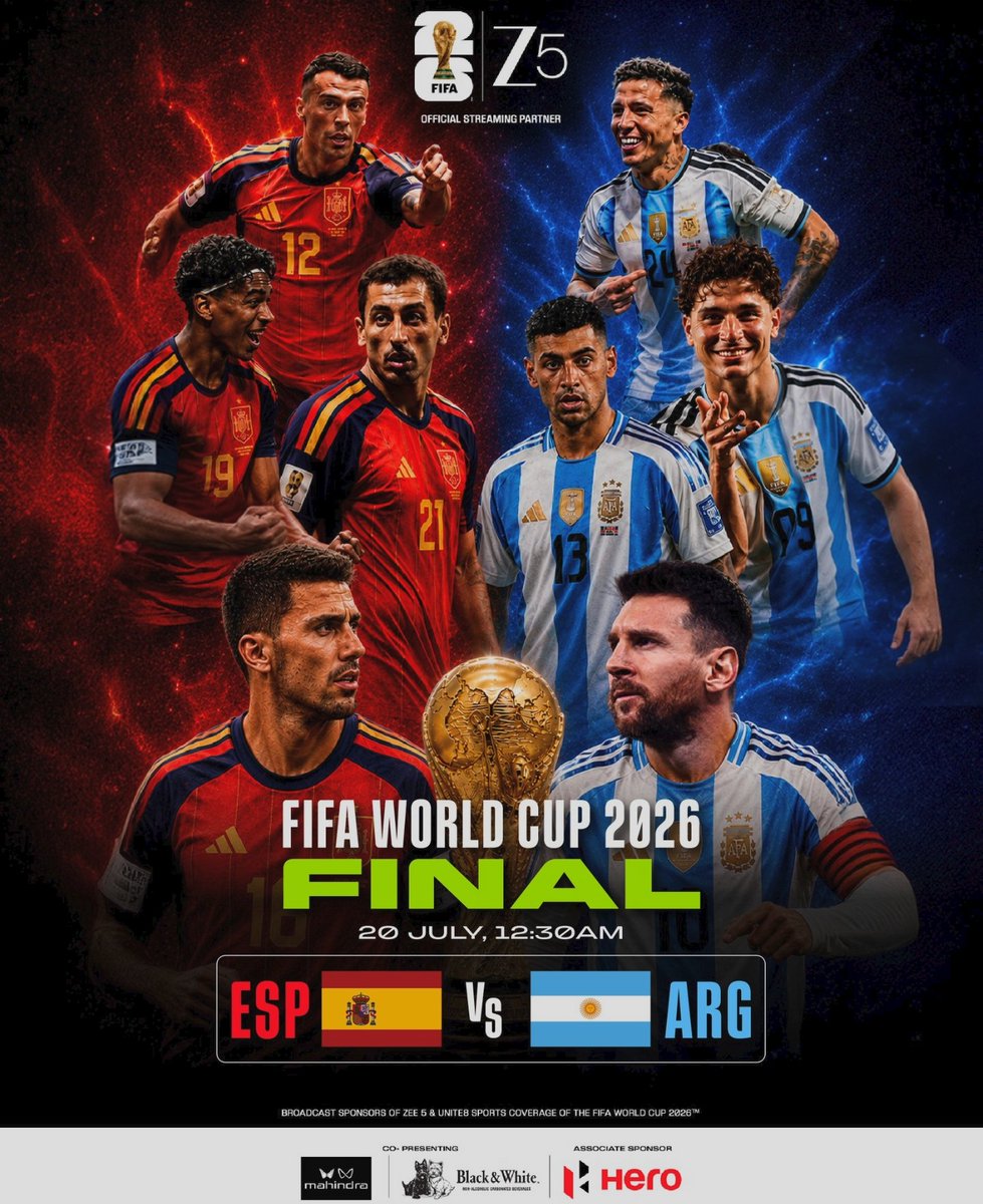 ZEECorporate's tweet photo. Ninety minutes separate history from immortality.

The journey ends tonight as two teams take the field with one dream to become the FIFA World Cup 2026™️ CHAMPIONS.

Poora India Watchega, LIVE and exclusive on #Zee5.

#FootballWorldCup2026 #HomeOfSports #WatchTheAction https://t.co/JSZ0wPLGel