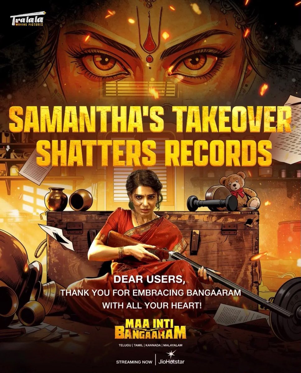 SandeepAatreya's tweet photo. .⁦@Samanthaprabhu2⁩’s 
#MaaIntiBangaaram is rewriting records everywhere - Theatres &amp; OTT!

After creating history at the box office, the film has now registered the highest opening day for any South Indian film on @JioHotstar 🔥

#Samantha #SamanthaRuthPrabhu #RajNidimoru https://t.co/G2LJMWBn82