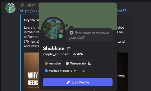 CryptoShubham's tweet photo. It's always motivating to see dedicated community members move forward in the PrismaX progression system. Congratulations on earning the Assistive role! 🎉

Every role in @PrismaXai represents more than just a badge. It reflects consistent participation, valuable contributions and a willingness to learn about the future of Physical AI. Progress like this doesn't happen overnight it comes from showing up, engaging with the community, and supporting the project's vision over time.

In my opinion, PrismaX has one of the more meaningful community progression systems because it encourages long-term involvement instead of short-term activity. Advancing through the roles feels like earning trust within the ecosystem rather than simply collecting titles. That's something I genuinely appreciate.

Seeing more members reach new milestones is a positive sign that the community is growing stronger. Every contribution whether it's creating educational content, joining discussions, validating data or helping others plays a part in building the ecosystem.

Congratulations once again on reaching Assistive! Wishing you the best as you continue your journey toward Proactive and beyond. Looking forward to seeing even more contributions in the PrismaX community.

@MaxC16134