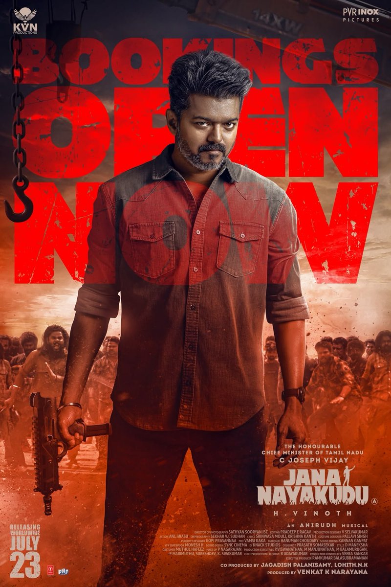 HKdigital2000's tweet photo. The excitement is real ❤️‍🔥

#JanaNayakudu Bookings are now open 🔥

In Cinemas from July 23rd.

The Hon'ble Chief Minister @actorvijay @TheKVNofficial @KvnProductions #HVinoth @hegdepooja @anirudhofficial @thedeol @_mamithabaiju @Jagadishbliss @LohithNK01 #JanaNayagan https://t.co/CAVbx53XLa