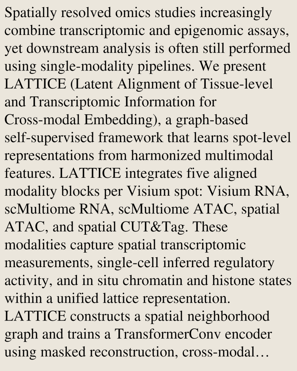 Memoirs's tweet photo. LATTICE: Graph Self-Supervised Learning for Multimodal Spatial Omics Integration

Jagan Mohan Reddy Dwarampudi, Veena Kochat, Suresh Satpati, Kunal Rai, Tania Banerjee
https://t.co/u45yyvsmKW [𝚌𝚜.𝙻𝙶 𝚚-𝚋𝚒𝚘.𝙶𝙽] https://t.co/xlfelwvJOG