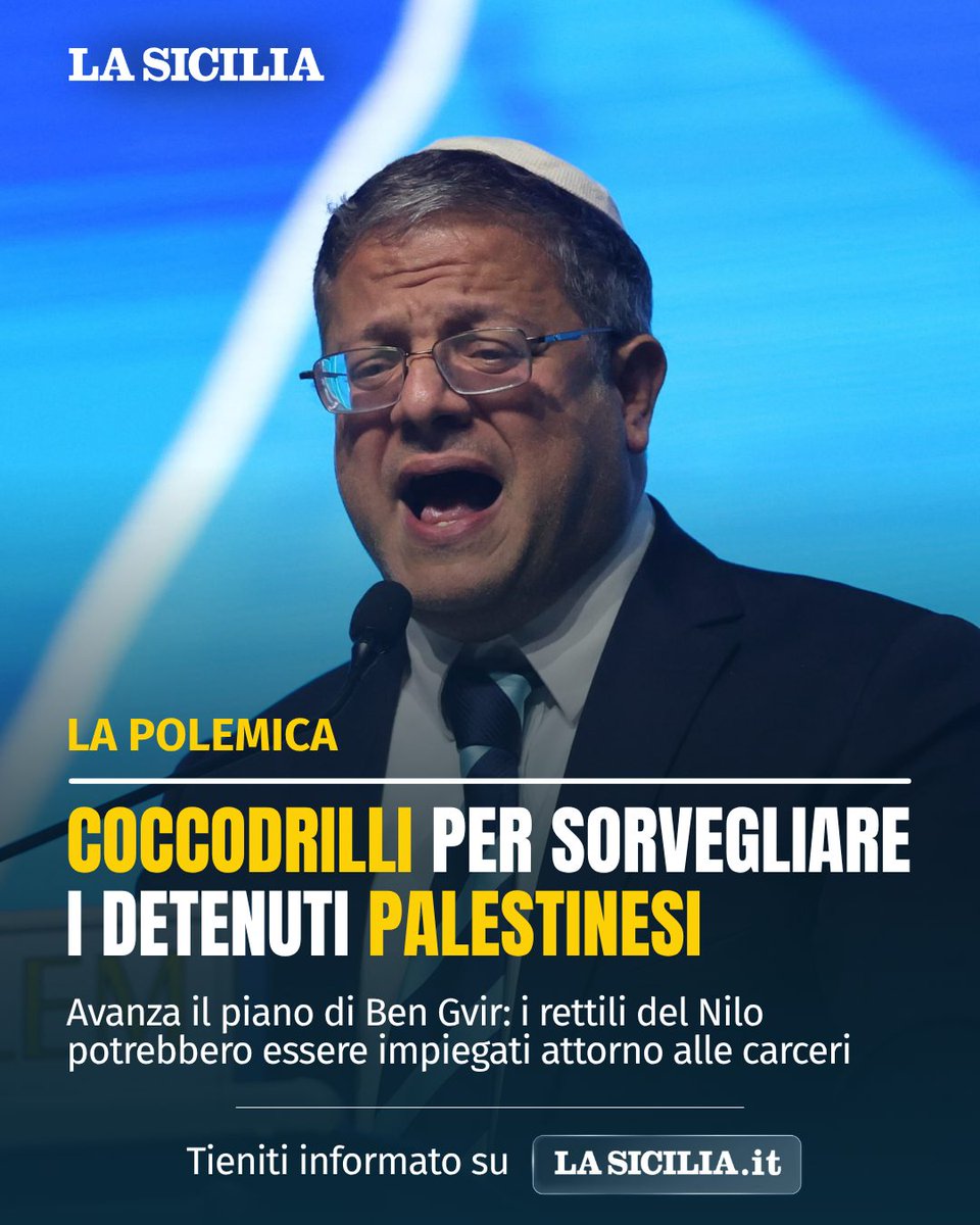 lasicilia's tweet photo. Coccodrilli del Nilo al posto del filo spinato per i detenuti palestinesi

Via libera dal ministero dell'Ambiente alla proposta di Ben Gvir per l'allevamento di rettili feroci destinati alla sorveglianza della popolazione carceraria

Leggi l’articolo completo: https://t.co/IqIJZi5Y11