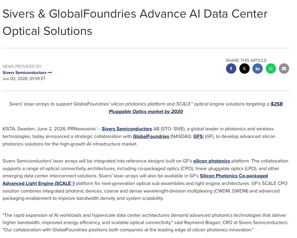 PepInvestStocks's tweet photo. $GFS long-term relationship with $SIVE did not begin with the recent AI photonics announcements, it started years earlier with an investment that, in hindsight, illustrates how deep-tech ecosystems are built.

Long before $SIVE acquired MixComm in 2022 for approximately $135 million, $GFS recognized the startup’s potential in millimeter-wave RFIC technology.

Rather than limiting the relationship to that of a manufacturing partner, $GFS took an early minority equity stake in MixComm while closely aligning the company’s designs with its proprietary RF-SOI (Silicon-on-Insulator) process technology.

The move reflected a broader strategy: combining capital investment with manufacturing expertise to help accelerate technologies that could create long-term demand for $GFS specialized semiconductor platforms.

The 2022 acquisition of MixComm by $SIVE marked an important turning point.

Instead of exiting its investment entirely, $GFS chose to convert its ownership in MixComm into publicly traded shares of $SIVE.

That decision distinguished $GFS from purely financial investors.

By maintaining an equity position beyond the transaction and after the lock-up period, the company signaled confidence not only in $SIVE immediate 5G opportunities but also in the broader technology roadmap the combined business could pursue.

Looking back from 2026, that strategy appears increasingly significant.

Technologies originally developed to address high-frequency wireless communications are now finding applications well beyond the 5G market.

As artificial intelligence drives unprecedented demand for faster and more energy-efficient data center infrastructure, photonic interconnects have emerged as one of the industry's most important growth areas.

Against this backdrop, the AI photonics collaboration announced by $GFS and $SIVE in June 2026 represents more than a new commercial partnership.

It reflects years of strategic alignment built through technology development, manufacturing collaboration, and equity ownership.

By combining $SIVE advanced laser technology with $GFS high-volume silicon photonics manufacturing platform, the companies are targeting one of the key challenges facing next-generation AI data centers: enabling scalable, high-bandwidth optical connectivity while improving power efficiency.

In an industry where partnerships often evolve as quickly as technology itself, sustained equity ownership can provide valuable insight into long-term strategic priorities.

$GFS continued position as a shareholder suggests that its original investment in MixComm was never solely about participating in the 5G cycle.

Instead, it formed part of a broader vision, one that has evolved from millimeter-wave communications to the rapidly expanding AI photonics ecosystem now shaping the future of hyperscale computing.