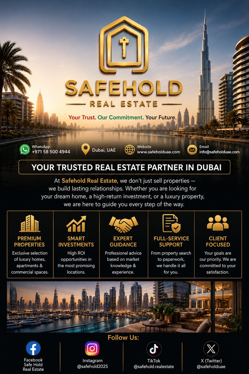 safeholduae's tweet photo. @twitt_login Your trusted partner for luxury living &amp; smart property investment in Dubai. 🏙️🏡
Invest with confidence. Build your future with Safehold Real Estate.
📍 Dubai, UAE
Hashtags: #DubaiRealEstate #InvestInDubai #DubaiProperty #LuxuryLiving #SafeholdRealEstate https://t.co/hy0x5P1qoT