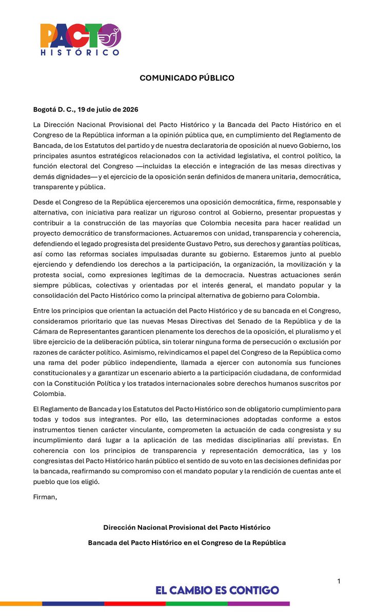 MeDicenWally's tweet photo. 📄 #Comunicado | La bancada del @PactoCol ejercerá una oposición democrática, responsable, con argumentos, alternativa y con memoria, defendiendo el legado progresista del presidente @petrogustavo. https://t.co/WMvJet1Jo1