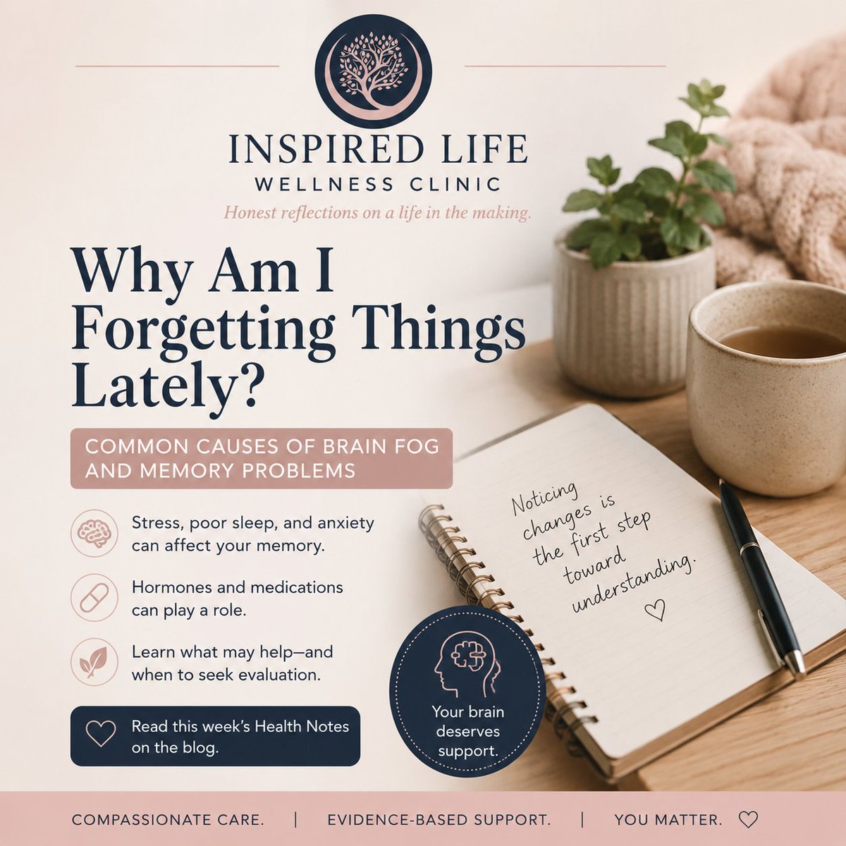 ILWCPLLC's tweet photo. Ever wonder why you're forgetting things lately?
Learn the common causes of brain fog, when to seek evaluation, and what may help on this week's Health Notes.
https://t.co/DUwdllcgvZ
#BrainFog #Memory #MentalHealth #HealthNotes https://t.co/nNeWSD42Aj