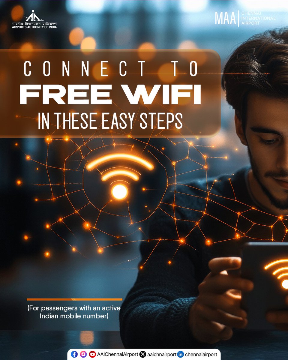 aaichnairport's tweet photo. Stay online with ease at #ChennaiAirport. Passengers with an active Indian mobile number can access complimentary Wi-Fi across the terminals through a quick OTP verification.

@MoCA_GoI | @AAI_Official https://t.co/7xjZGbvWd8
