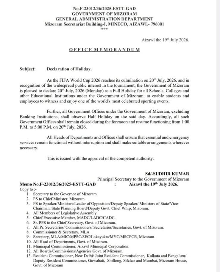 muijosef's tweet photo. @joefooty Mizoram, Manipur and Meghalaya too declared holiday for educational institutions. Here is the official order of Government of Mizoram https://t.co/OlIC47aEYS
