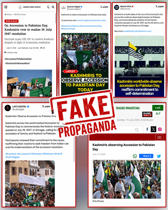 Kashmirfactlens's tweet photo. 🚨 Fact Check Alert

Fake news is being circulated by #Pakistan-based news portals and coordinated pseudo accounts falsely claiming that "Kashmiris are observing Accession to #PakistanDay today."

#Fact: This claim is #false, #fabricated, and part of a coordinated #propaganda campaign. #Thread (1/5)