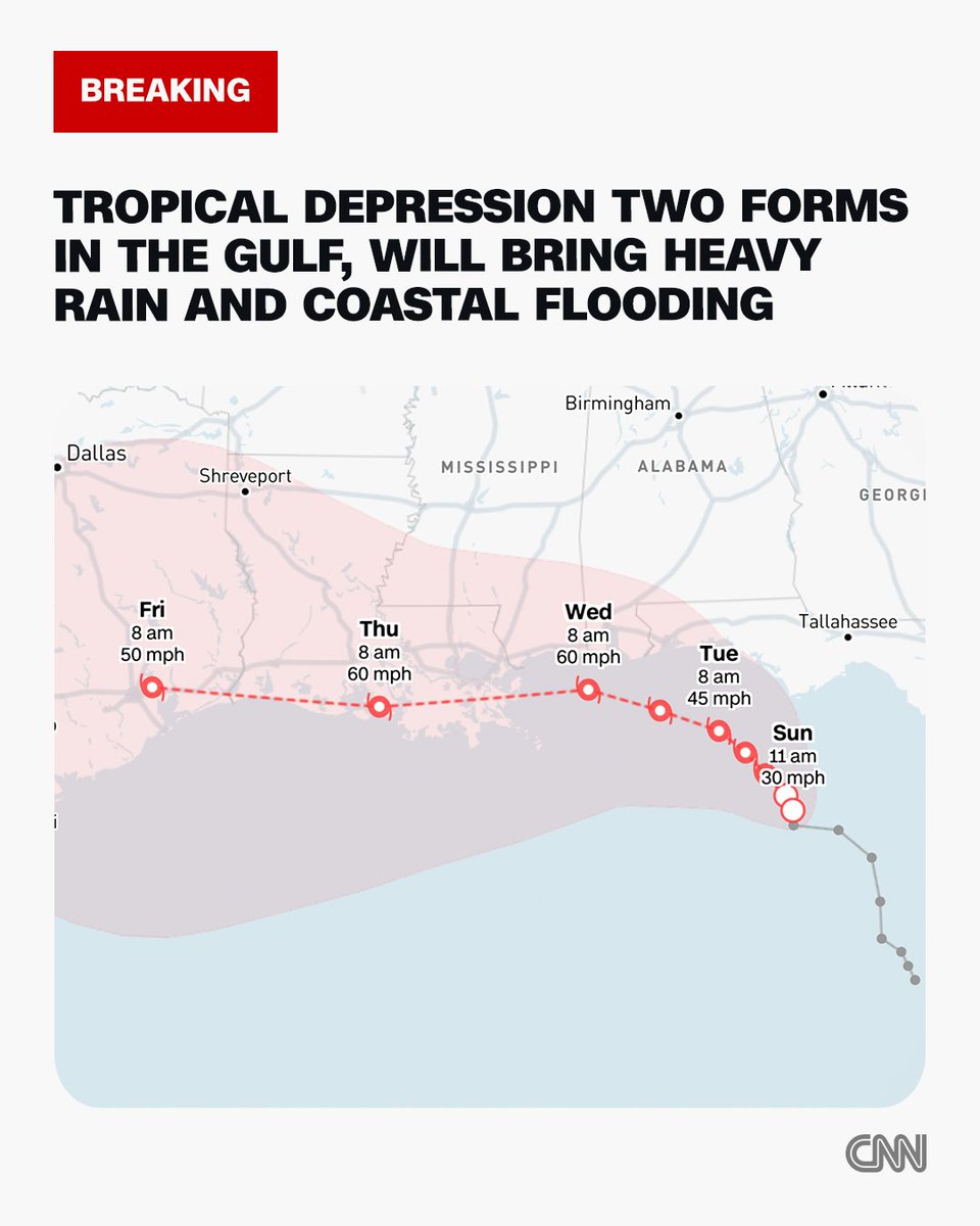 CNN's tweet photo. Tropical Depression Two just formed in the Gulf, and it's expected to strengthen. Heavy rain and localized flooding are likely for parts of the coast. https://t.co/811XcLxnzU https://t.co/0ZRZZHEa2D