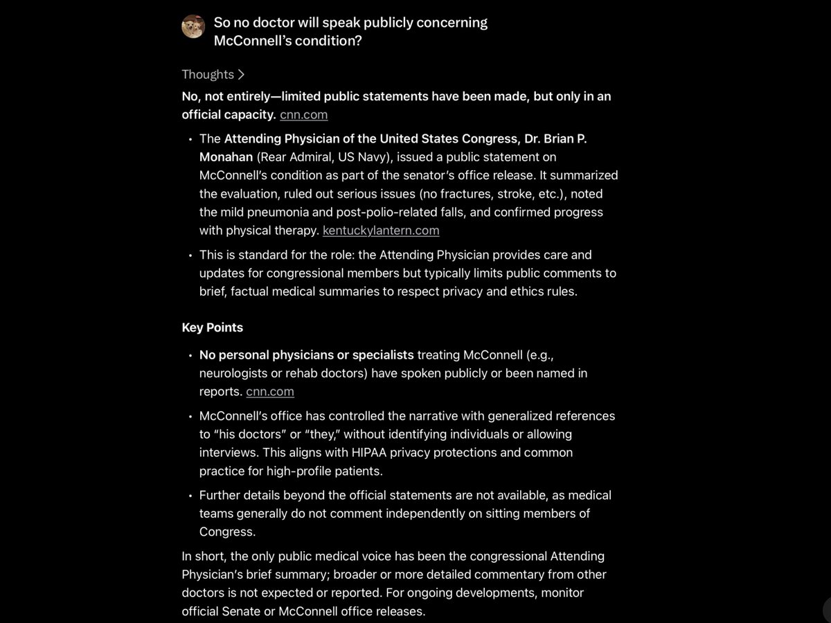 BeingJWood's tweet photo. Apparently, no doctor will speak publicly concerning Mitch McConnell’s health.

If McConnell was a Democratic senator, Republicans would demand answers.

It’s time for Democrats to demand the answers! https://t.co/xAFcc52ej9