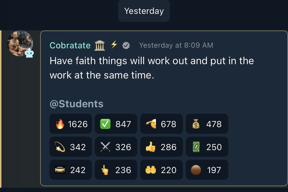 TopStriker's tweet photo. Andrew Tate’s last message to his students inside his university: 

“Have faith things will work out and put in the work at the same time.”

FREE TOPG ‼️🙏 https://t.co/AZ88pvn08e