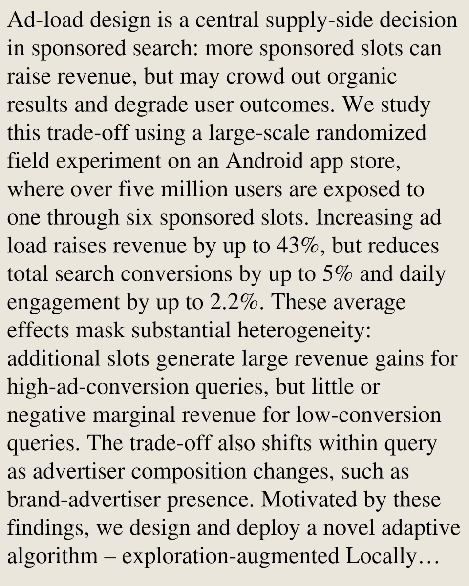 Memoirs's tweet photo. Adaptive Ad Load Design for Sponsored Search Markets: Evidence, Theory, and Deployment

Mohammad Rashid, Hema Yoganarasimhan
https://t.co/sVkOMN3MFF [𝚌𝚜.𝙻𝙶 𝚎𝚌𝚘𝚗.𝙶𝙽] https://t.co/Da9j77gx46