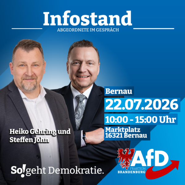 AfD_FraktionBB's tweet photo. 🇩🇪 #Infostand in #Bernau – Wir freuen uns auf das Gespräch!
📅 22. Juli
🕙 10:00–15:00 Uhr
📍 Marktplatz Bernau
Heiko Gehring und @steffenjohn_afd stehen Ihnen für den persönlichen Austausch zur Verfügung. Ob aktuelle politische Entwicklungen, Fragen zu unserer Arbeit oder Ihre Anliegen vor Ort – kommen Sie vorbei und sprechen Sie mit uns.
🇩🇪 Wir freuen uns auf Ihren Besuch!
#AfD #Landtag #Brandenburg