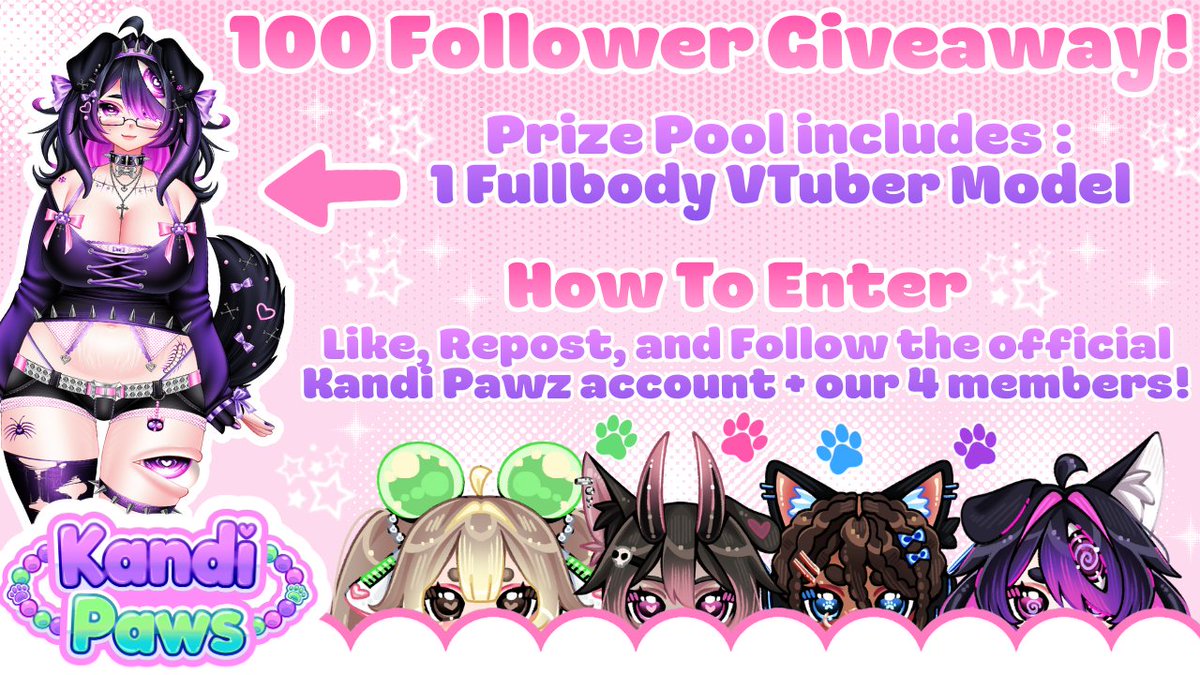 KandiPawzzzz's tweet photo. Thank you for 100 followers! 💚🩷💙💜
We'll be giving away a VTuber model art drawn by Maya!

────୨ৎ────

ENDS : AUGUST 31ST 2026
How to enter? Like and repost this + follow these accounts! .✦ ݁˖ @KandiPawzzzz .✦ ݁˖
💚@cupcatesvt 🩷@Awooodles 💙@SauzyQ 💜@MayaVTuber https://t.co/lZerawKRxq