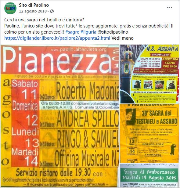 sitodipaolino's tweet photo. Cerchi una sagra nel Tigullio e dintorni? 🔍
PAOLINO, l'unico sito dove trovi tutte le SAGRE aggiornate, GRATIS e senza pubblicità! Il colmo per un sito genovese!!! 😜
Quanto durerà ancora? Eh, chi lo sa... 🧐
https://t.co/45VbGkI4wT
#sagre #tigullio @sitodipaolino https://t.co/T0nCqrjnkl