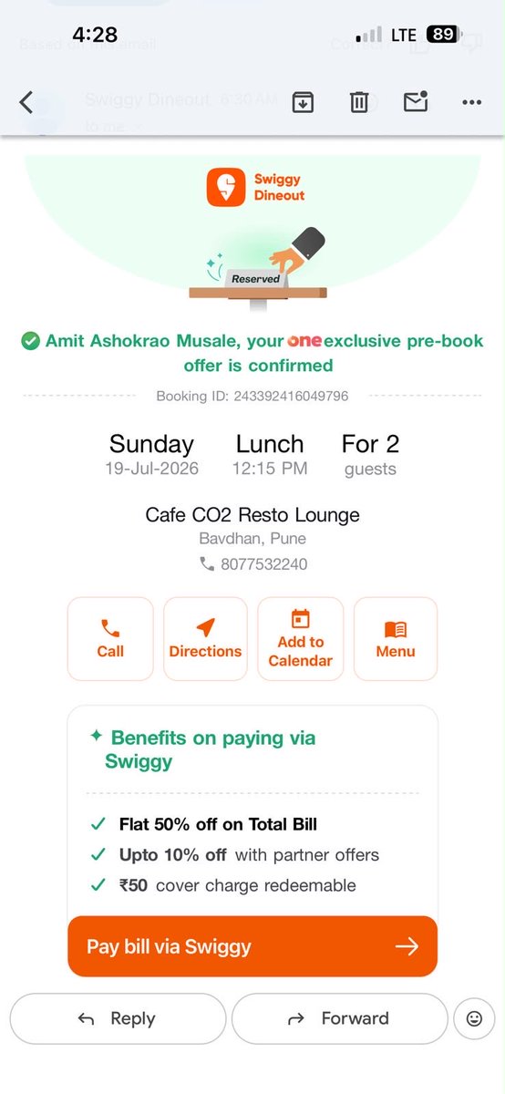 seemantrao's tweet photo. @Swiggy we have booked restaurant via @swiggydineout with 50% off in total bill but when we actually paid the amount it was just 20% discount applied. This is so frustrating and pathetic experience i had. Attaching all the proofs here https://t.co/1PoE5UufG1