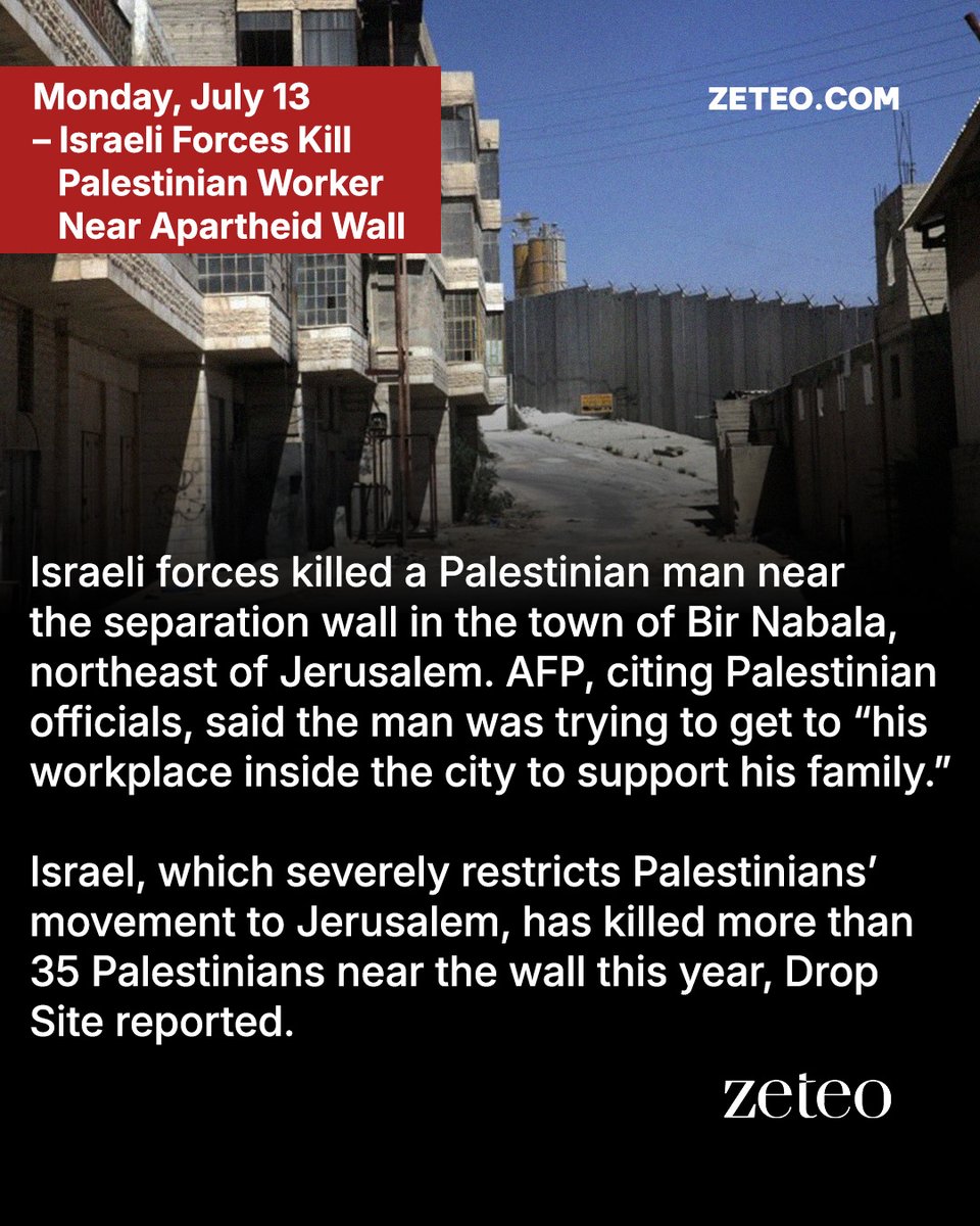 zeteo_news's tweet photo. This week in Palestine, Israeli forces:

- killed a Palestinian worker
- demolished Palestinian homes
- struck a funeral, killing at least 7 Palestinians https://t.co/Dv0fkXToLH