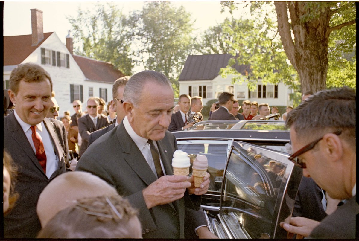 LBJLibrary's tweet photo. You scream, I scream, we all scream for ice cream! 🍦

In 1966, #PresidentJohnson stopped for ice cream at @dairyqueen in Topsham, Maine, as he headed to Lewiston for a campaign event. Looks like he chose chocolate! 😋

Happy #NationalIceCreamDay!

📷 Yoichi Okamoto | 08/20/1966 https://t.co/sBYTynuAoe
