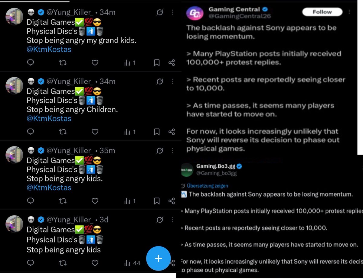 Pirat_Nation's tweet photo. A new report claims PlayStation could be using social media bots to defend its decision to stop making physical game discs.
According to Moore’s Law Is Dead, AI was used to analyze accounts posting in support of PlayStation’s digital-only future.
The report says many of those accounts looked suspicious, with recent creation dates, AI-generated profile pictures, and very similar posting patterns.